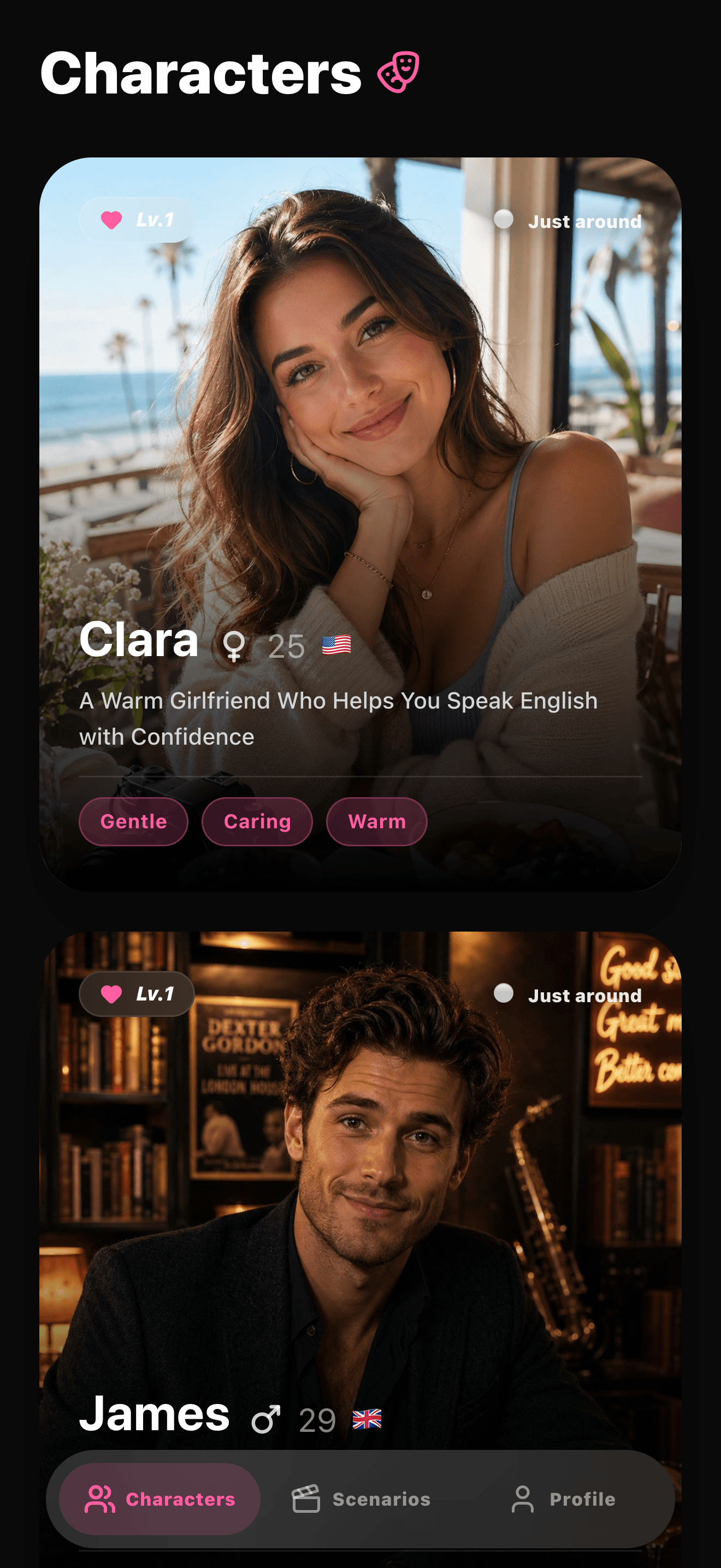 Sweetalk Characters screen in the iOS app