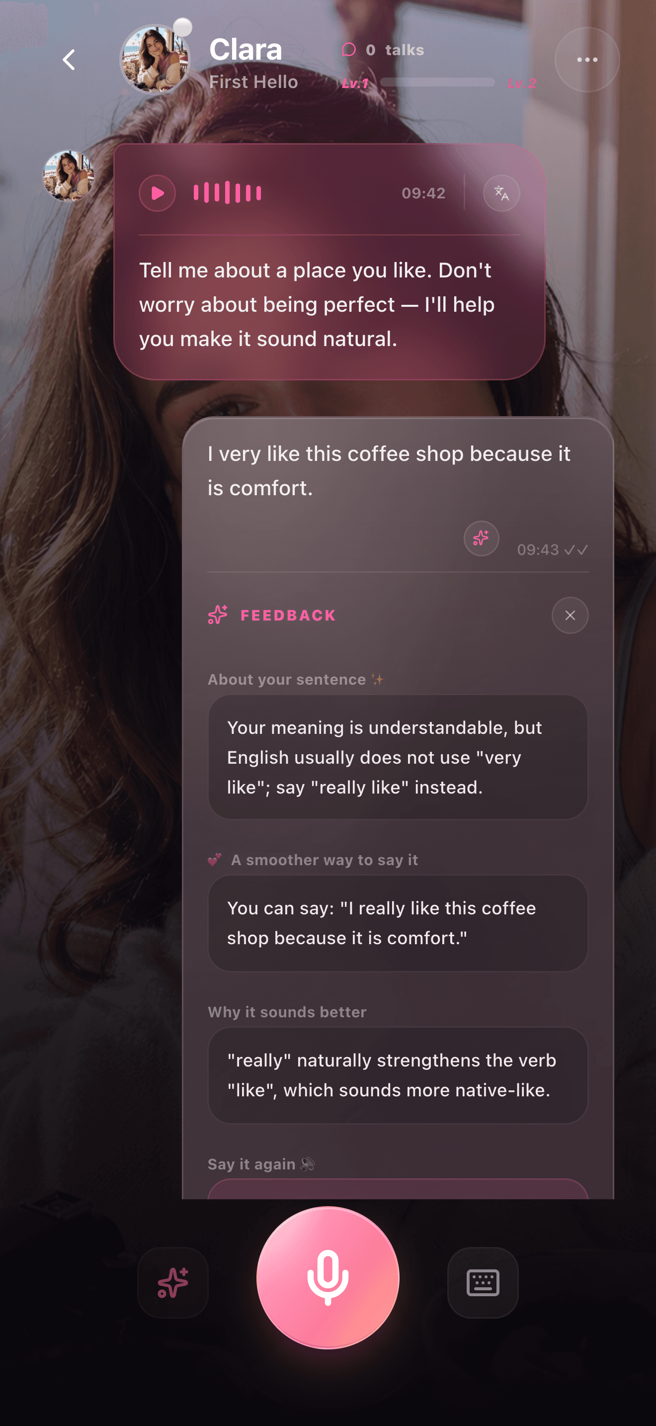 Sweetalk correction feedback screen for spoken English practice