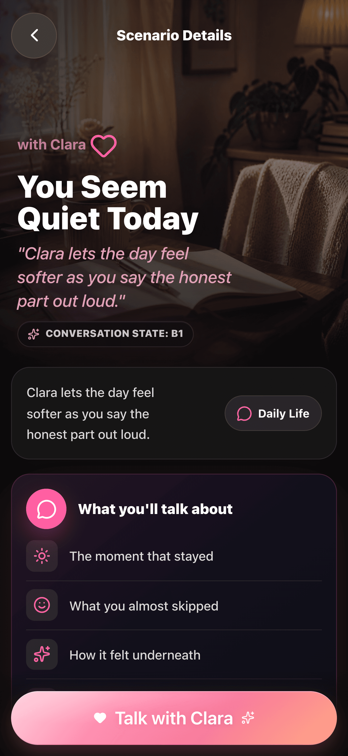 Sweetalk scenario detail screen with English speaking topic context